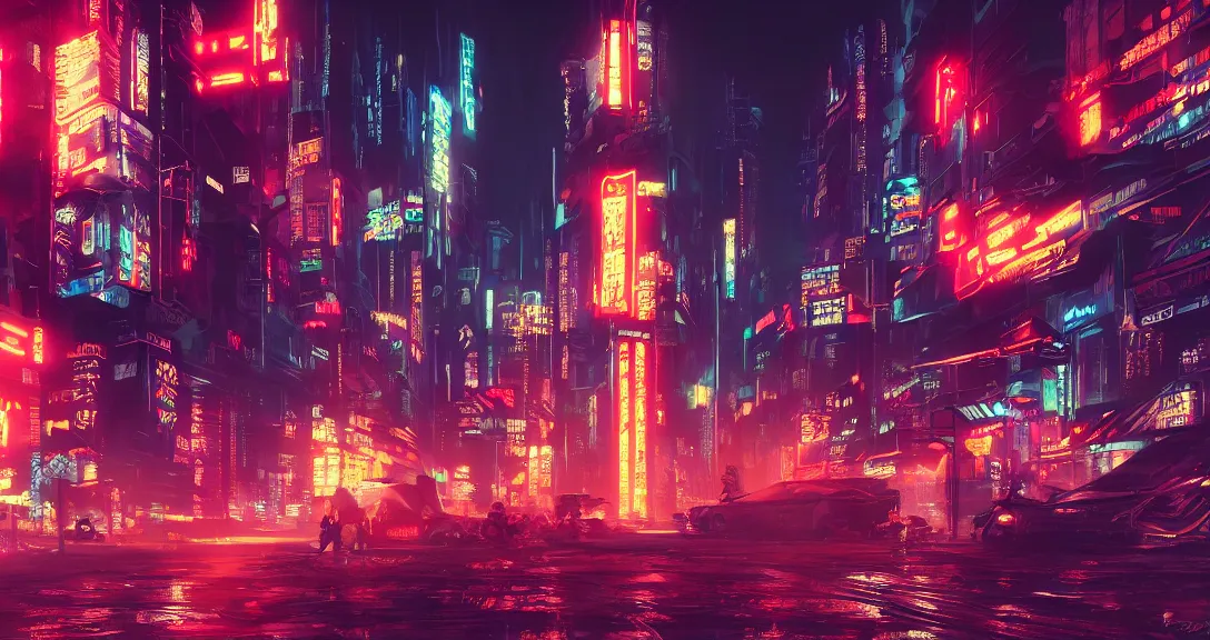 Image similar to cyberpunk city, neon signs, samurai, dark, apocalyptic, intricate, detailed, volumetric lighting, scenery, digital painting, highly detailed, artstation, sharp focus, illustration, concept art