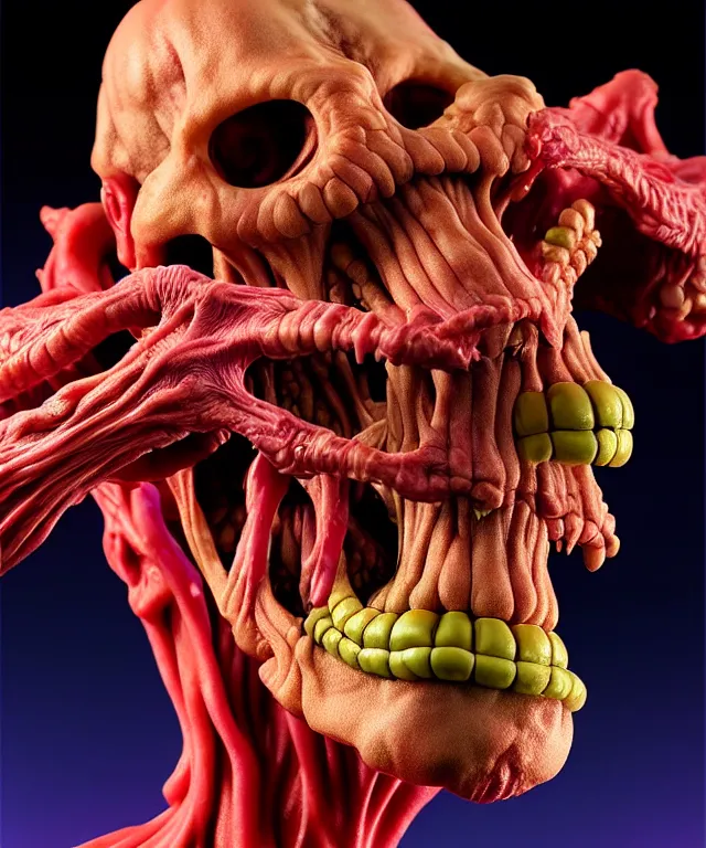 Image similar to hyperrealistic rendering, cronenberg flesh monster skeletor by art of skinner and richard corben and jeff easley, product photography, action figure, sofubi, studio lighting, colored gels