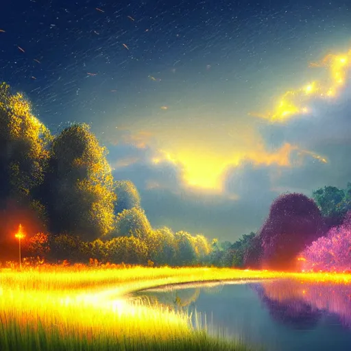 Image similar to a beautiful landscape at night, magical lights, fireflies, a sense of wonder, water reflections, glowing magical clouds, digital art, pixar concept art