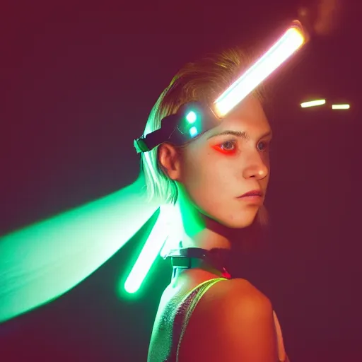 Prompt: a portrait of a female cyborg, fashion, streak lights, ligjt trail, color gel, photogtaphy, canon r 5, wide angle