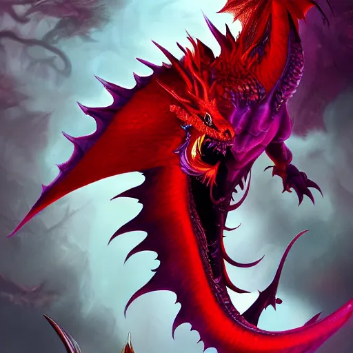 Prompt: beautiful but scary fantasy red and purple dragon, digital art, trending on artstation