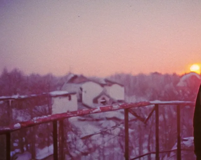 Image similar to lomographic tarkovsky film still of 4 0 years russian man with beard and sweater standing on small hrushevka 9 th floor balcony full with cigarette smoke in winter taiga looking at sunset, cinestill, bokeh