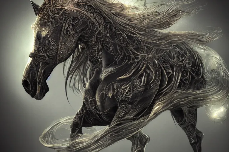 Prompt: a wlop 3 d render of very very very very highly detailed beautiful mystic portrait of a phantom undead horse with whirling galaxy around, tattoos by anton pieck, intricate, extremely detailed, digital painting, artstation, concept art, smooth, sharp focus, illustration, intimidating lighting, golden details, incredible art,