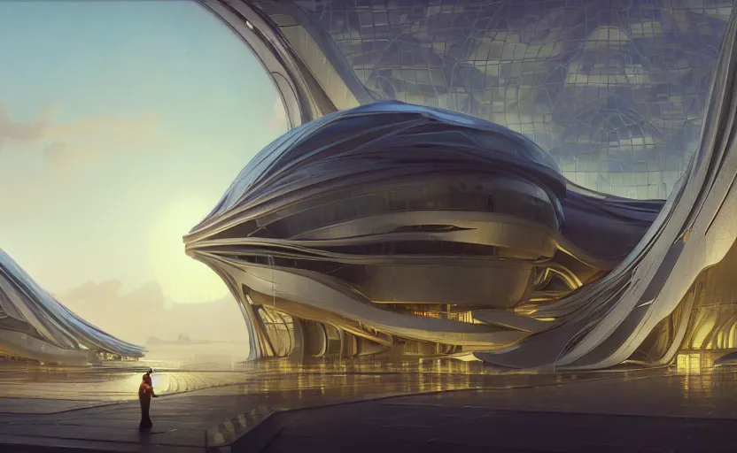 Image similar to exterior shot of utopian architecture transparent building with cinematic lighting by zaha hadid and renzo piano, darek zabrocki and greg ruthkowski, alphonse mucha, simon stalenhag, cinematic, stars, beautiful, holy place, paradise, scifi, futurism, atmospheric, concept art, artstation, trending on artstation