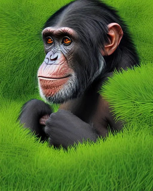 Image similar to very detailed high resolution illustration of a chimpanzee in rolling green hills, 3 d, 8 k, extremely detailed, artstation, award winning