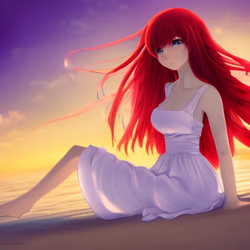 Prompt: detailed anime girl with long red hair in a white silky dress sitting in the sand on a beach at sunset, pixiv art