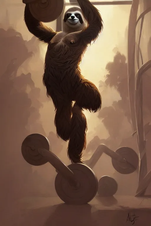 Image similar to anthro sloth lifting weights, dim dingy gym, dynamic pose, fantasy, intricate, elegant, highly detailed, digital painting, artstation, concept art, matte, sharp focus, illustration, art by artgerm and greg rutkowski and alphonse mucha