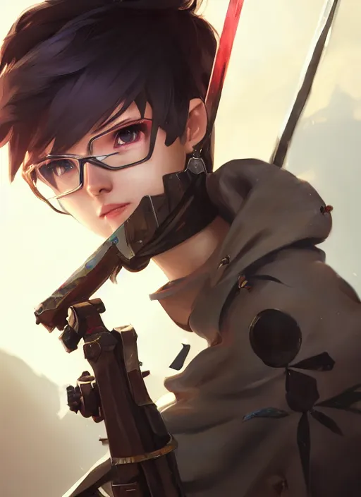 Image similar to highly detailed portrait tracer from overwatch as 2 b nier automata holding a sword, unreal engine, fantasy art by greg rutkowski, loish, rhads, makoto shinkai and lois van baarle, ilya kuvshinov, rossdraws, tom bagshaw, global illumination, radiant light, detailed and intricate environment