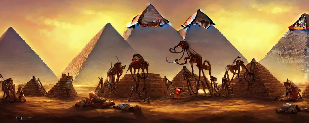 Prompt: an intricate concept art of alien slaves building the egyptian pyramid, concept art, style by dylan cole and tyler edlin and feng zhu, cinematic