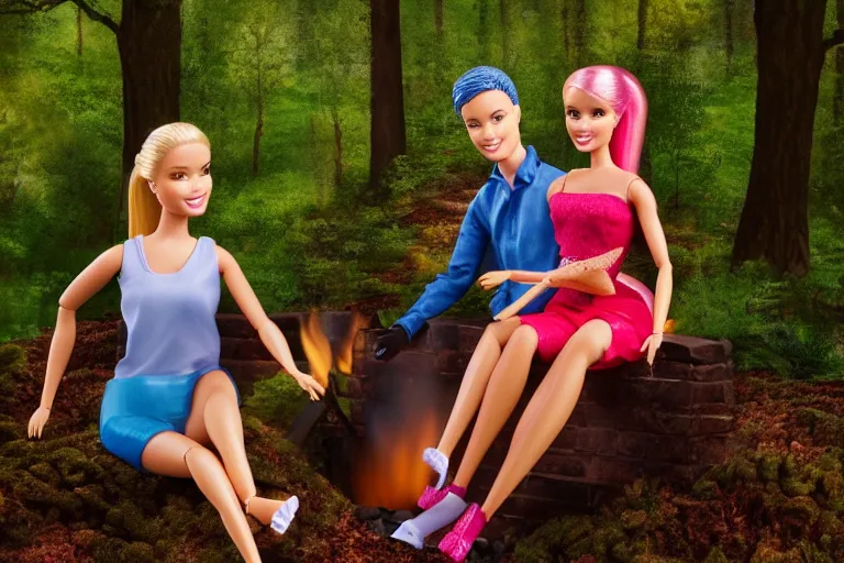 Image similar to Barbie and Ken sitting in the forest near the fireplace, Ken's face is melting, night, high-resolution photo,