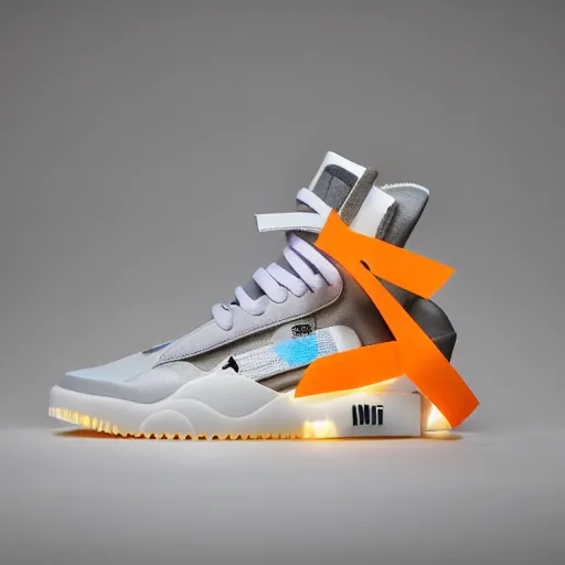 Image similar to a studio photoshoot of Nike Air Mag x Off-white sneakers designed by Virgil Abloh, leather and transparent knitted mesh material, gum rubber outsole, realistic, color film photography by Tlyer Mitchell, 35 mm, Graflex