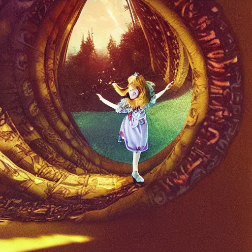 Image similar to Alice , falling down the rabbit hole with reality distorting around her