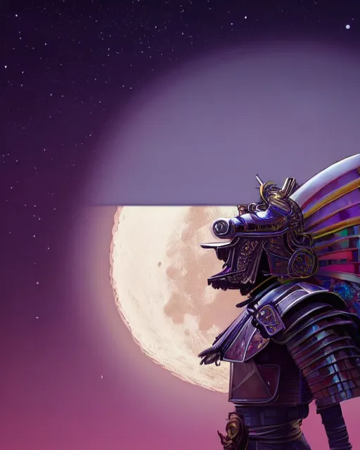 Image similar to highly detailed surreal vfx portrait of a metallic chromatic samurai in front of a full moon, stephen bliss, unreal engine, greg rutkowski, loish, rhads, beeple, makoto shinkai and lois van baarle, ilya kuvshinov, rossdraws, tom bagshaw, alphonse mucha, global illumination, detailed and intricate environment