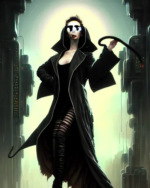 Image similar to beautiful fantasy character portrait, lilly collins, wearing oversized black trench coat, ultra realistic, wide angle, dramatic lighting, vultures, very seductive pose, cyberpunk artifacts, highly detailed by peter mohrbacher, hajime sorayama, wayne barlowe, boris vallejo, aaron horkey, gaston bussiere, craig mullins