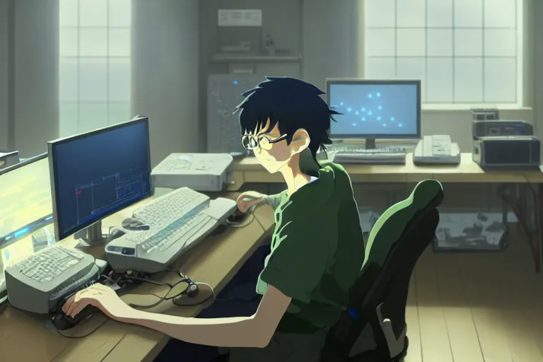 Prompt: a nerdy boy is programming at a computer in a room full of gadgets, by makoto shinkai and ghibli studio, highly detailed, incredible quality, trending on artstation