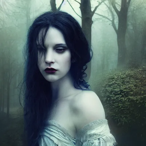 Image similar to charismatic regal aristocratic brunette female vampire, portrait, at highgate cemetery, atmospheric lighting, painted, intricate, mist, cold, volumetric lighting, beautiful, blue tint, moon light, sharp focus, ultra detailed, by leesha hannigan, ross tran, thierry doizon, kai carpenter, ignacio fernandez rios