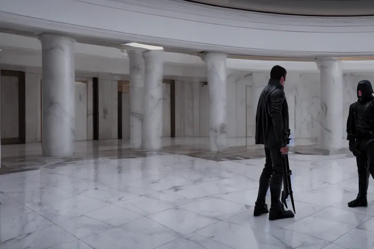 Image similar to Bank interior elegant bank fancy white marble flooring reflective. blade runner 2049 movie still. robbery in progress. cyberpunk man red leather jacket carrying duffle bag holding shotgun. 2017 movie still 35mm wide angle lens