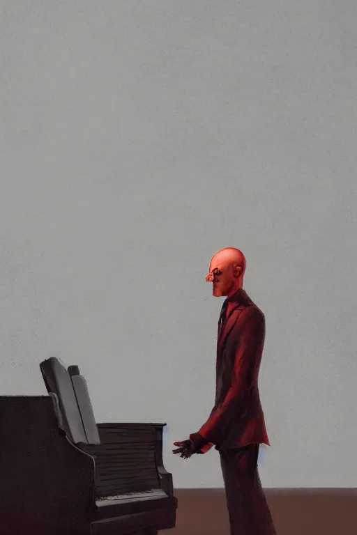 Image similar to an expressive full body portrait of agent 4 7 playing the piano in a monastery, dark background, red rim light, digital art, artstation, concept art by giger stalenhag