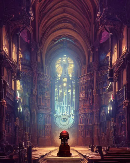 Image similar to highly detailed surreal vfx portrait of a steampunk robot in a steampunk cathedral, stephen bliss, unreal engine, greg rutkowski, loish, rhads, beeple, makoto shinkai and lois van baarle, ilya kuvshinov, rossdraws, tom bagshaw, alphonse mucha, global illumination, detailed and intricate environment