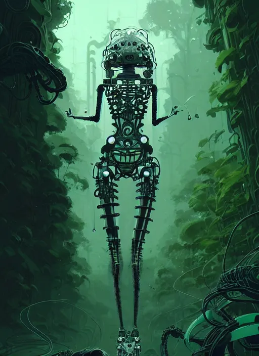 Image similar to highly detailed portrait of a biomechanical long curly white hair tribal lady, stray wiring by atey ghailan, james gilleard, by joe fenton, by greg rutkowski, by greg tocchini, by kaethe butcher, 4 k resolution, gradient green, black and white color scheme!!! ( ( forested robotic dense jungle background ) )