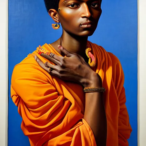 Image similar to A portrait of a skinny modern and stunning non-binary person, medium skin tone, Indian, oil painting by Kehinde Wiley, majestic, detailed, high resolution