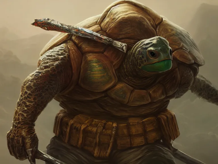 Prompt: An turtle warrior, RPG Reference, Oil Painting, Trending on Artstation, octane render, Insanely Detailed, 8k, HD