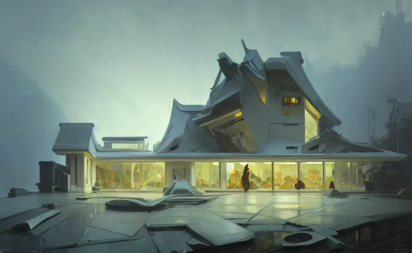 Prompt: painting of a wide angle exterior shot of a white modern architecture with cinematic lighting by richard rogers, darek zabrocki and greg ruthkowski, alphonse mucha, simon stalenhag and cinematic and blue cold atmospheric, archillect concept art, artstation, trending on artstation