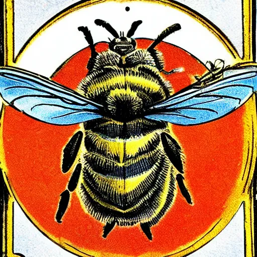 Prompt: a fierce dead bee in the middle of a bloody bullseye at the center of the crosshairs of a gun, art nouveau, fantasy illustration, tarot