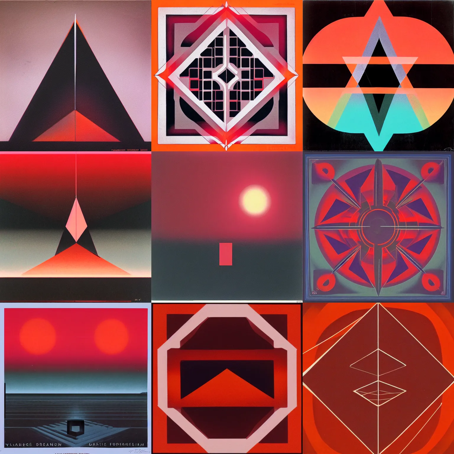 Prompt: Tangerine Dream Album Cover, Dark forbidding, fog, red glow , geometric shapes, 1970s