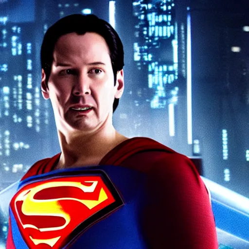 Image similar to keanu reeves as superman in tron legacy city