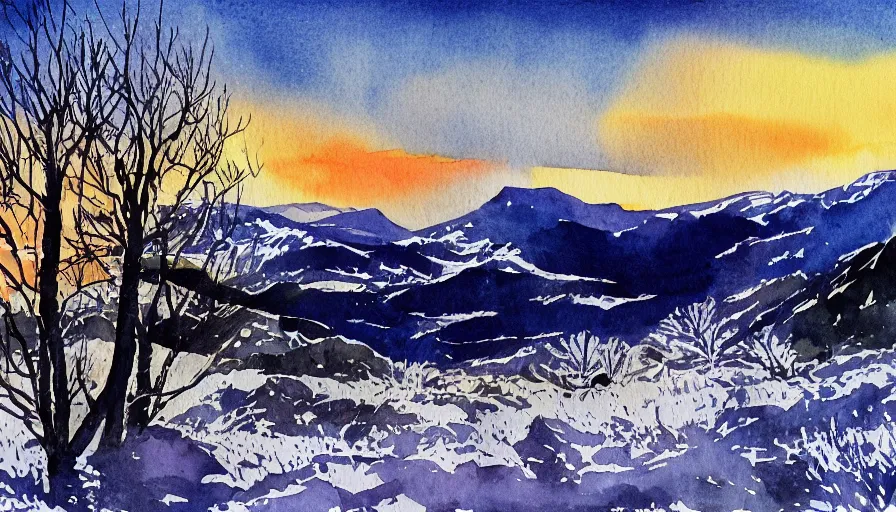 Prompt: norway, sunrise, countryside, mountains, winter, snow, trees, mountains, medium: watercolor and ink