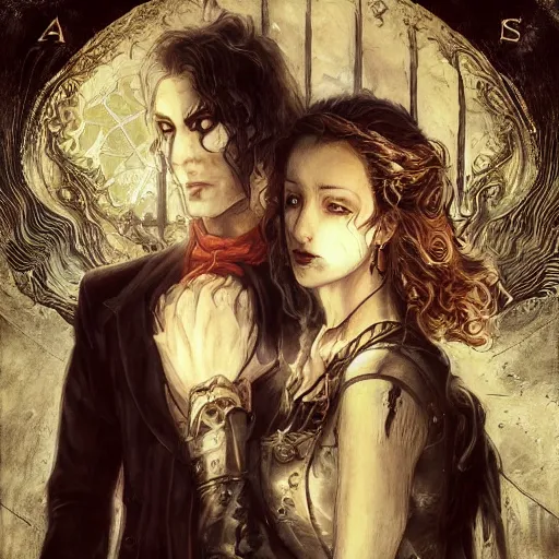 Prompt: a man and a woman standing next to each other in front of fire, an album cover by ayami kojima, cgsociety, international gothic, steampunk, fantasy, gothic