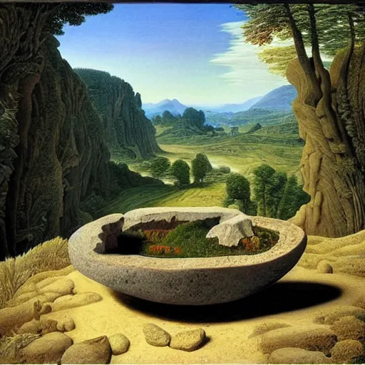 Prompt: a deep stone bowl containing a miniature landscape, surrealism, photorealistic, river and trees and hills, extremely detailed, by rob gonsalves and caspar david friedrich and clara peeters