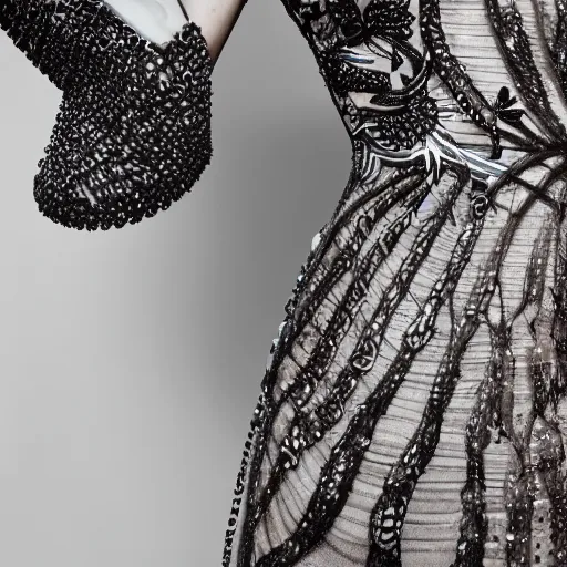 Prompt: upshot close up of a fashion model, luxury dress, official valentino editorial, highly detailed