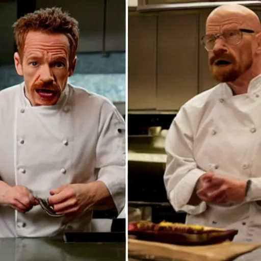 Prompt: Gordan Ramsey screaming at Walter White as a cook