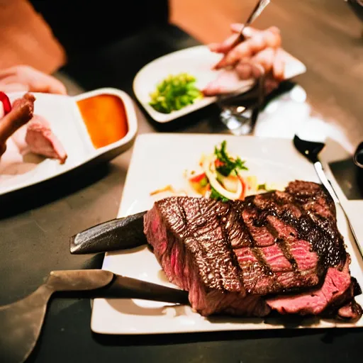 Image similar to photo of cow eating steak at an italian restaurant, 5 0 mm, beautiful photo