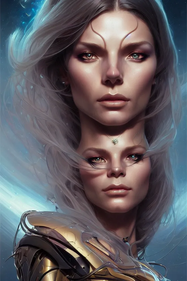 Image similar to futuristic woman portrait, sci-fi, amber eyes, face, long hair, fantasy, intricate, elegant, highly detailed, digital painting, artstation, concept art, smooth, sharp focus, illustration, art by artgerm and greg rutkowski and alphonse mucha