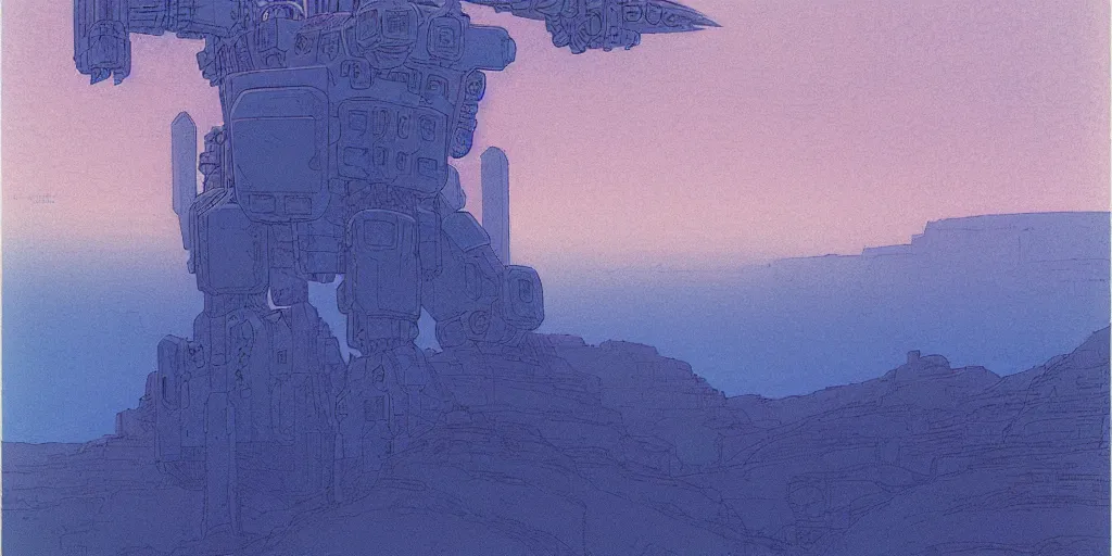 Image similar to grainy risograph matte painting of gigantic huge mech with huge swords, pastel matte colors, staying in the toxic blue canyon, by moebius, hyperrealism, intricate detailed