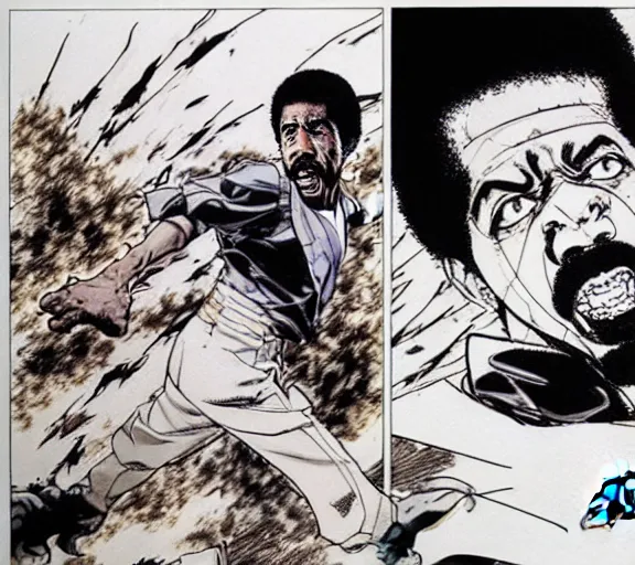 Image similar to a scene of richard pryor running around while on fire, comic book art, by yoji shinkawa and takehiko inoue and kim jung gi, masterpiece, perfect