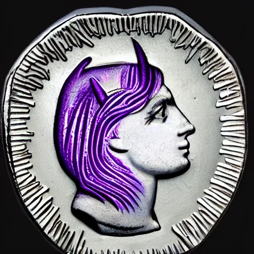 Prompt: twilight sparkle on a roman denarius coin. short muzzle, big eyes, mane