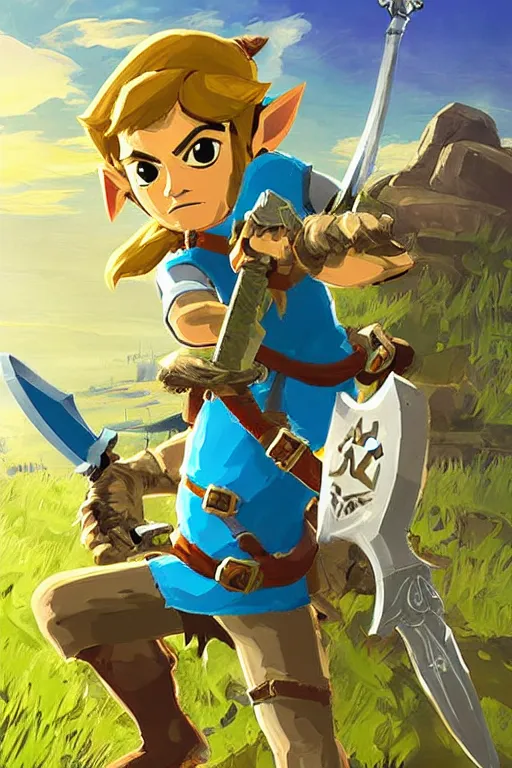 Image similar to an in game portrait of a. angry monkey holding the master sword from the legend of zelda breath of the wild, breath of the wild art style.