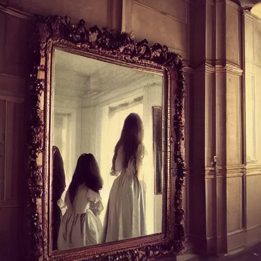 Image similar to a masterpiece painting of a beautiful victorian woman is frightened by her doppleganger in a mirror. she is in a long hallway of mirrors. elegant design, haunting atmosphere, dimly lit, gothic, horror style, realistic, low angle, 3 / 4 view.