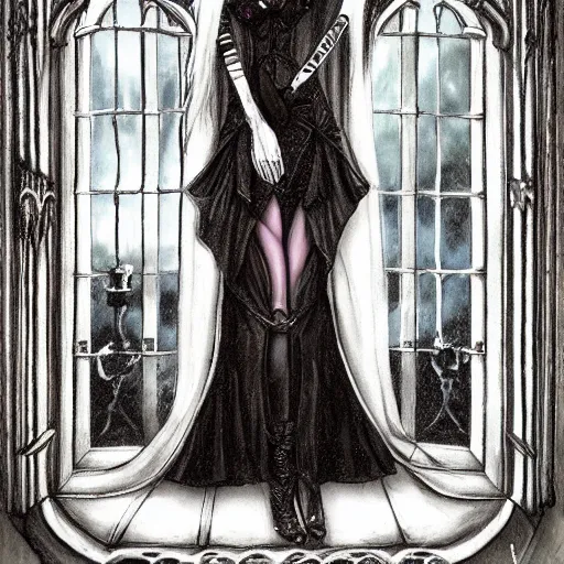 Prompt: elegant pale vampire girl stands by a window of a gothic mansion looking outside, by anne stokes, highly detailed, artstation, high resolution, gothic, gloomy