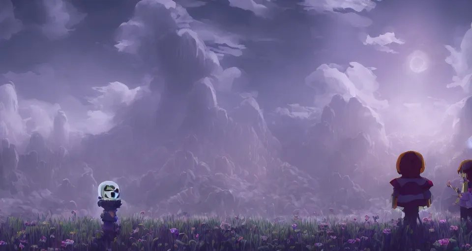 Image similar to A beuatiful matte painting of Undertale, emotional, cinematic, atmospheric, featured on artstation, ultra detailed