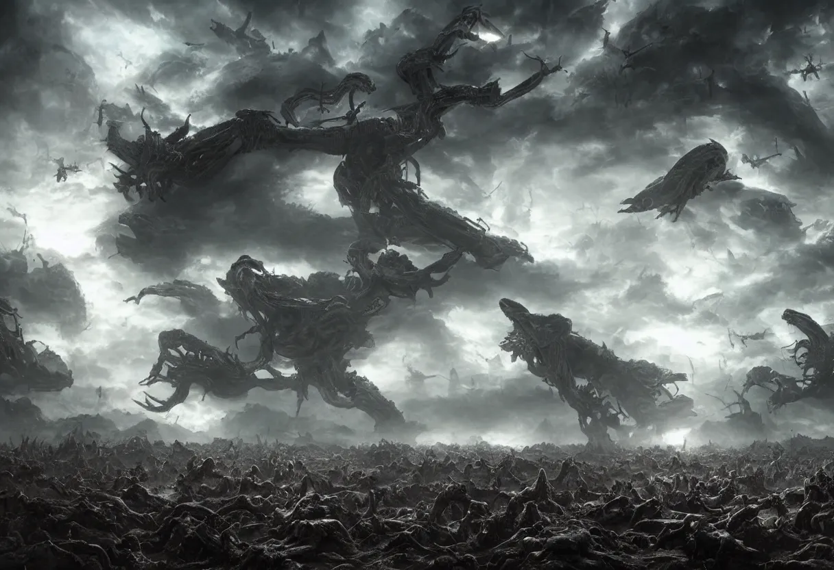 Prompt: army of alien warriors crushing earth, omniuou dark fog in background, apocalyptic, cinematic lighting, atmospheric, hyper realism, realistic, octane render, dramatic lighting, highly detailed, cinematic, art by rubens and rembrandt