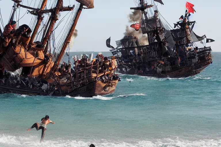 Image similar to closeup pirate couples running down beach as pirate ship fires canons, sand explosion by emmanuel lubezki