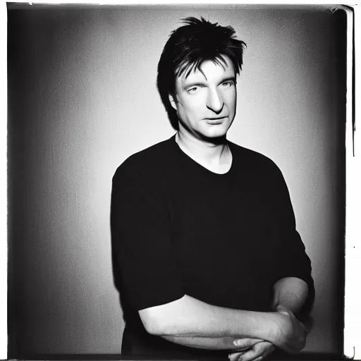 Image similar to photo of Nathan Fillion by Diane Arbus, black and white, high contrast, Rolleiflex, 55mm f/4 lens