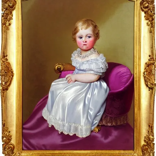 Image similar to portrait of a donald trump as a german toddler princess sitting down in a silk lavender gown, circa 1 8 3 7, by carl joseph begas, highly detailed, beautiful, oil on canvas, 1 8 3 0 s, romanticism