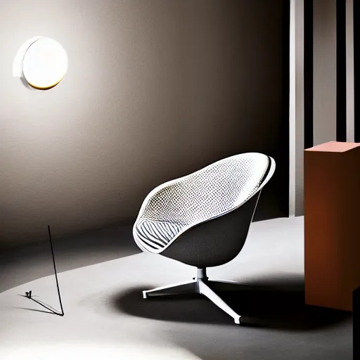 Image similar to a modern chair design influenced by eames egg womb barcelona, modernist louis ghost, papa bear chair, studio lighting, beautifully lit, furniture design magazine, product shot, trending colors, featured exclusive