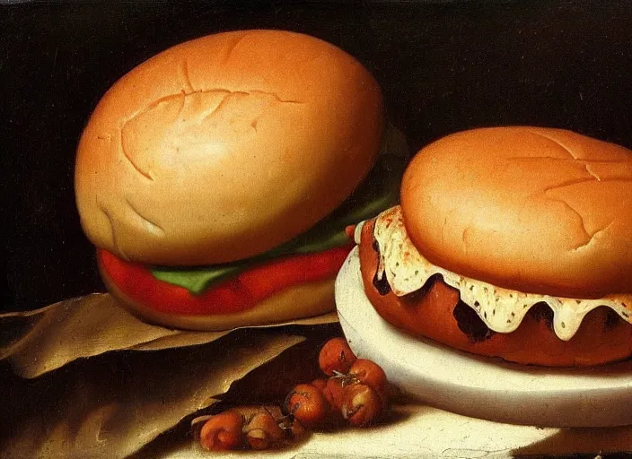 Prompt: a beautiful renaissance painting of a sweating young hamburger, sweet firm buns, in style of John Singer Sargant, still life, Velasquez, trending on artstation